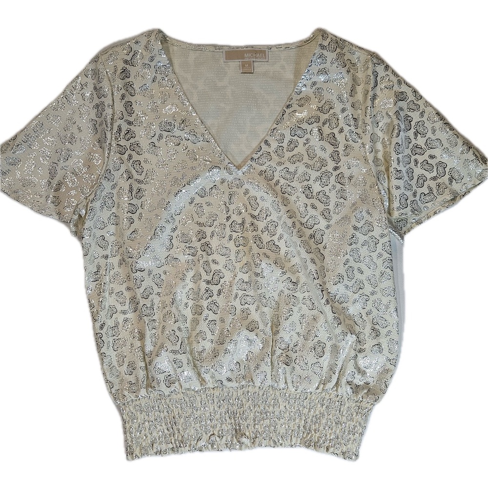 Metallic Cream V-Neck Smocked Hem Women's Top